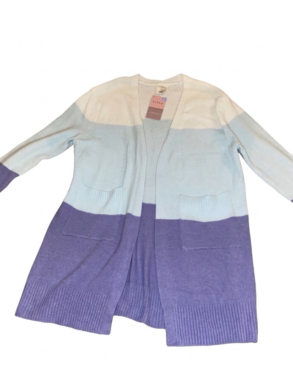Women’s Large White, Light Blue & Purple Colorblock Open Cardigan Bin C - Picture 1 of 4